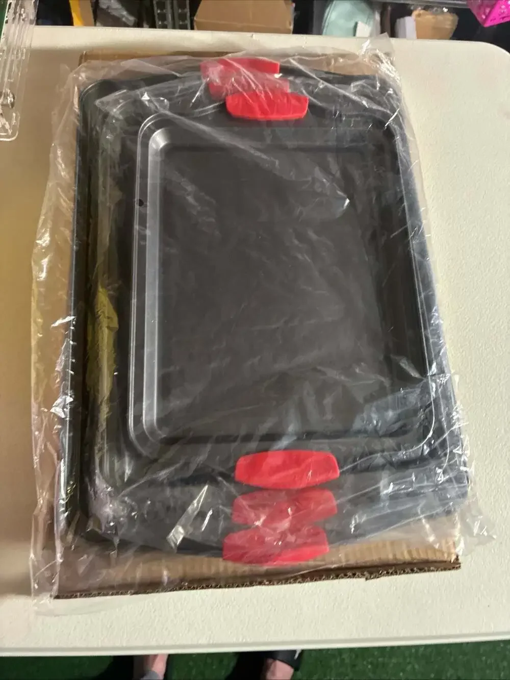 3-Piece Non-Stick Baking Sheet Set with Red Silicone Handles